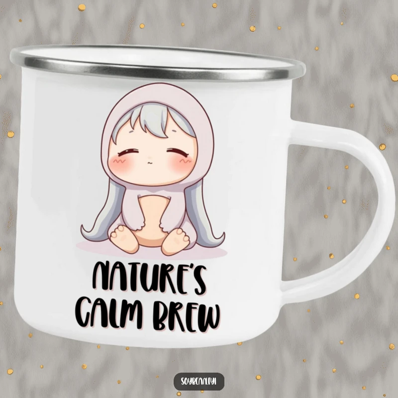Funny Soybean Camping Mug: A content soybean sits peacefully on a camping mug, perfect for serene outdoor humor.