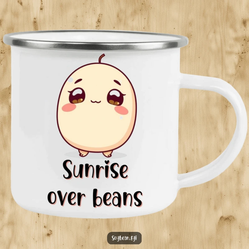 Funny Camping Mug: A curious soybean looking up with wide, hopeful eyes, designed for outdoor exploration with a humorous and inspiring twist.
