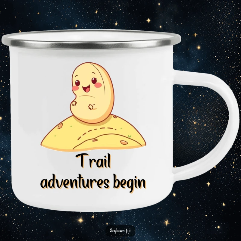 Funny cheerful soybean camping mug rolling down a hill, durable and cheerful for outdoor adventures, a fantastic funny gift.