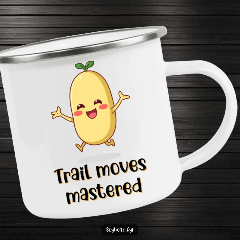 Funny energetic soybean doing a jumping jack on a sturdy camping mug for active campers.