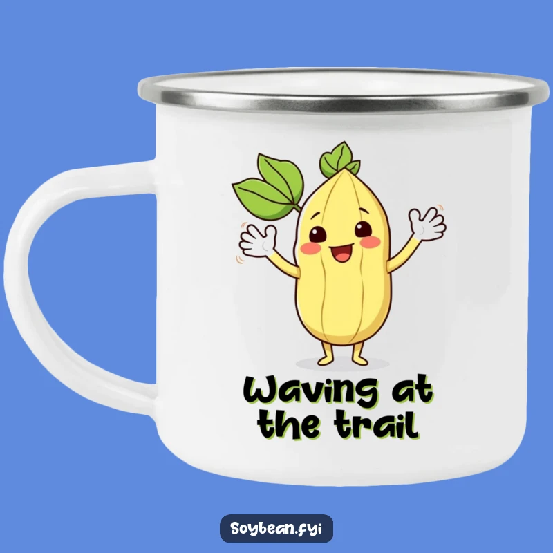 Funny Kawaii Soybean Waving Camping Mug - Enthusiastic Outdoor Humor Gift