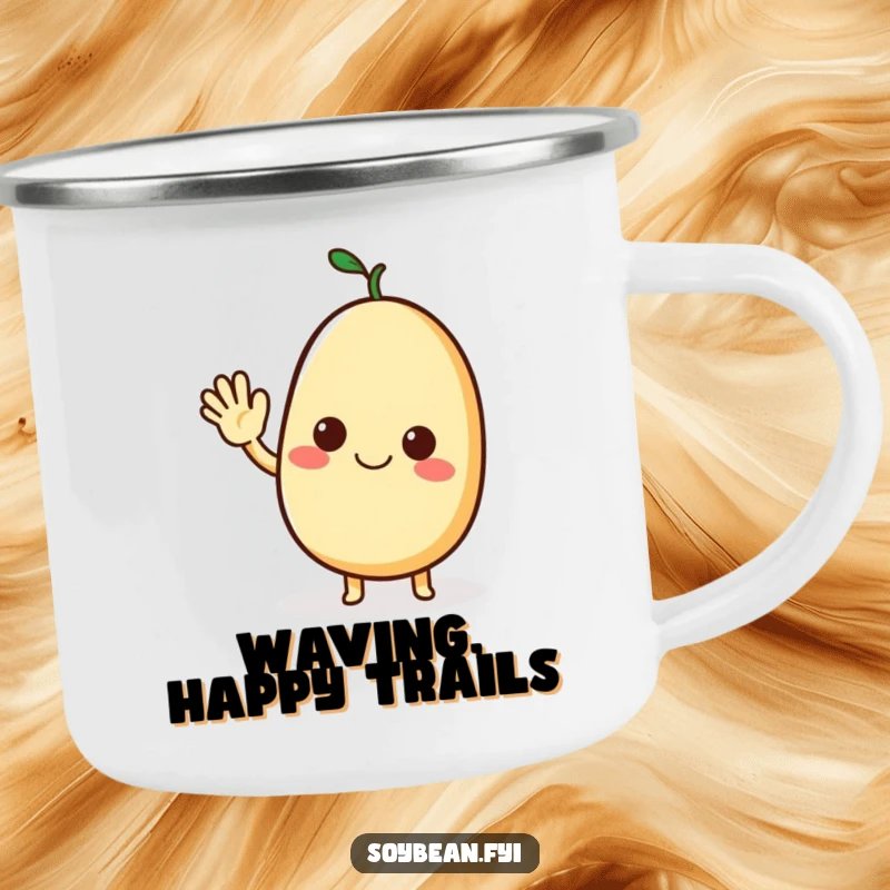 Funny camping mug featuring a smiling soybean character waving a friendly hello, perfect for outdoor enthusiasts.