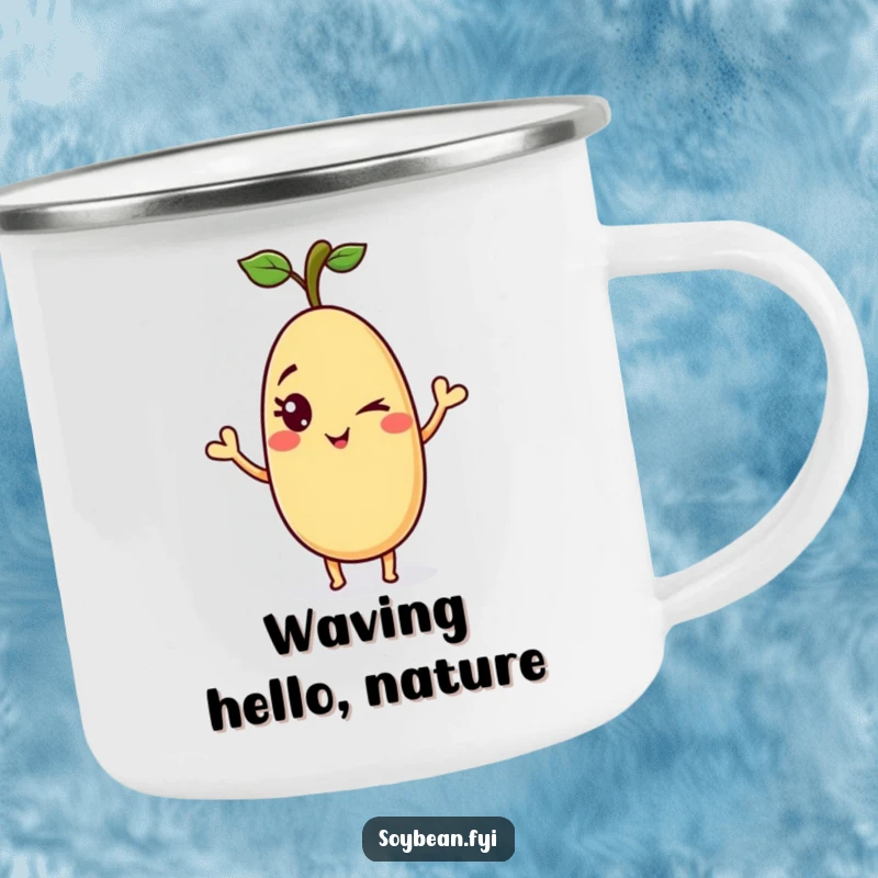 Funny soybean camping mug with a playful anthropomorphic soybean giving a mischievous wink and a wave, ideal for humorous outdoor enjoyment.
