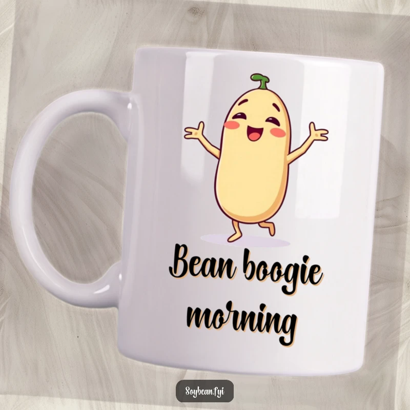 Funny mug with a delighted anthropomorphic soybean enthusiastically performing a comical, silly dance with joy. A hilarious gift for dance lovers.
