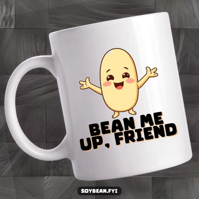 Funny Kawaii soybean character mug, depicted with arms spread wide in a warm, happy, and inviting greeting.