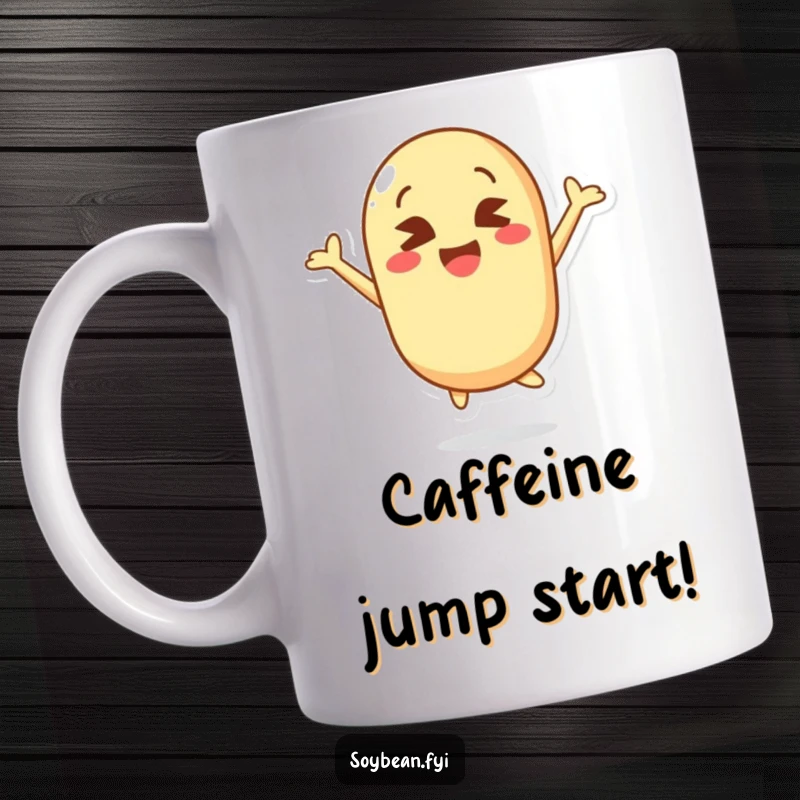 Funny mug showcasing a kawaii soybean character mid-jump with comically crossed eyes and an expression of pure, unrestrained joy.