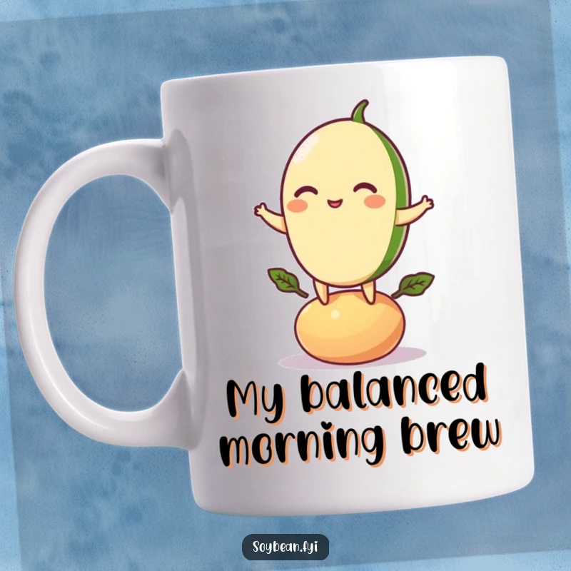 Funny mug featuring a playful soybean character skillfully balancing on a small bean pod, radiating cuteness and stability.