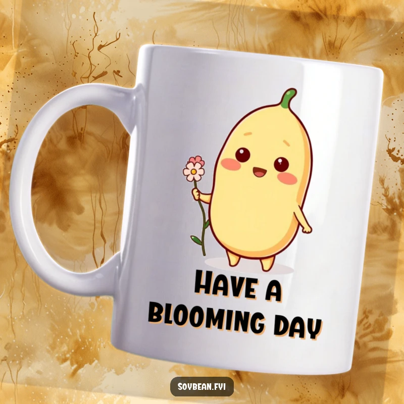 Funny Soybean Mug with a beaming soybean character extending a tiny flower, symbolizing kindness and cheer, perfect for gifting.