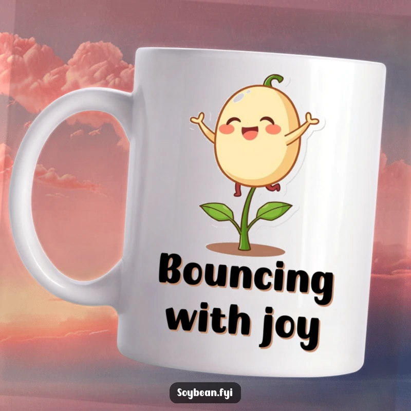 Funny mug featuring a delighted soybean character playfully bouncing on a single sprout, radiating happiness and lighthearted fun.