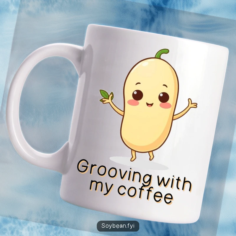 Funny mug with a happy soybean character dancing energetically with its little leafy arms outstretched, a joyful beverage holder.