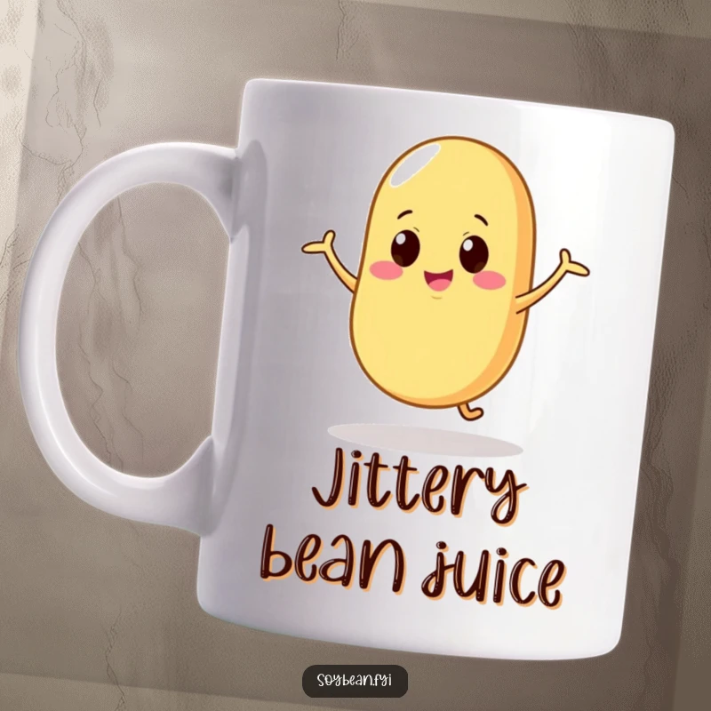 Funny Mug: A soybean character dancing with silly, wobbly motions, radiating infectious energy and playful humor for a joyful experience.