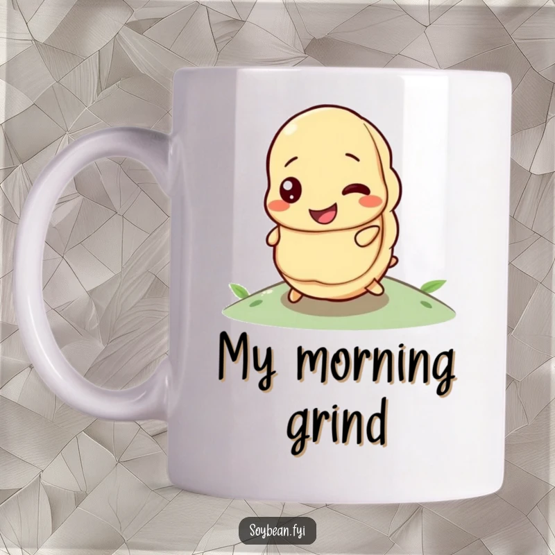 Funny mug depicting a happy soybean with a determined expression, bravely rolling uphill against the odds.