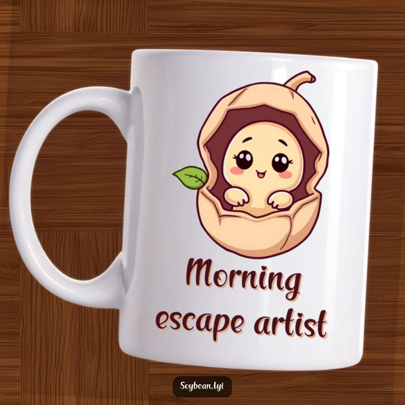 Funny giggling soybean character peeking mischievously from a broken bean pod, cute and humorous mug gift.