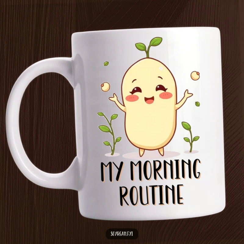 Funny happy soybean mug grinning while juggling tiny sprouts, showcasing skill and joy, an excellent funny gift.