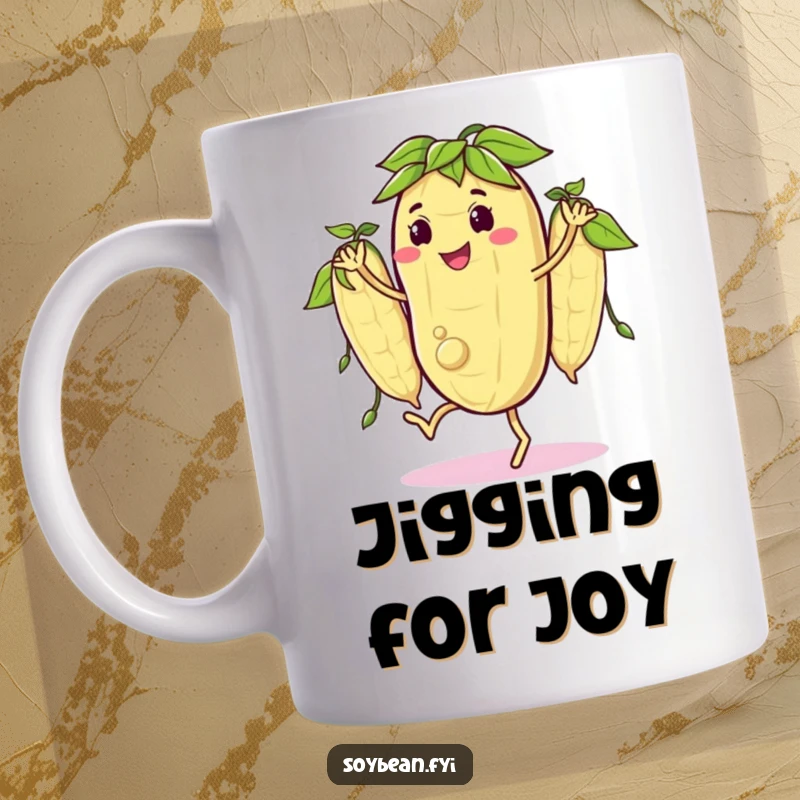 Funny mug featuring a happy soybean character doing a little jig with its pods perfectly in sync, showcasing rhythm and cheerful energy.