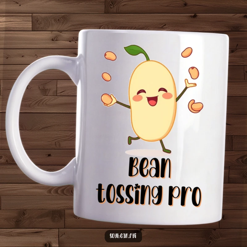 Funny mug featuring a jovial soybean character happily juggling its own beans, showcasing impressive dexterity and a cheerful personality.