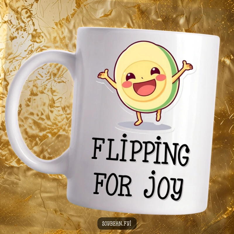 Funny mug featuring a kawaii soybean with a huge grin doing a cartwheel, showcasing energetic and humorous fun, perfect for a funny gift.