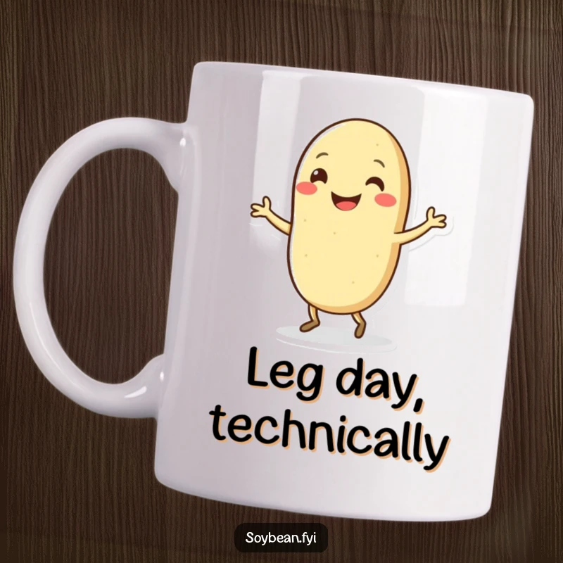 Funny Kawaii soybean character grinning widely, performing a comical silly dance, perfect for a cheerful morning mug.