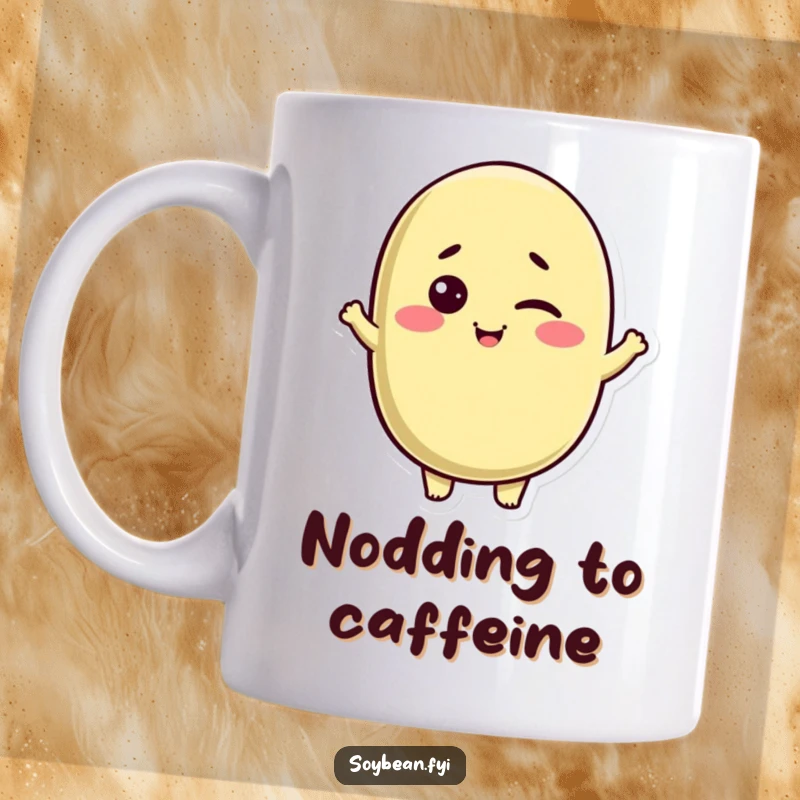 Funny Kawaii soybean character mug, winking with a charming smile and giving a friendly nod, exuding playful warmth.
