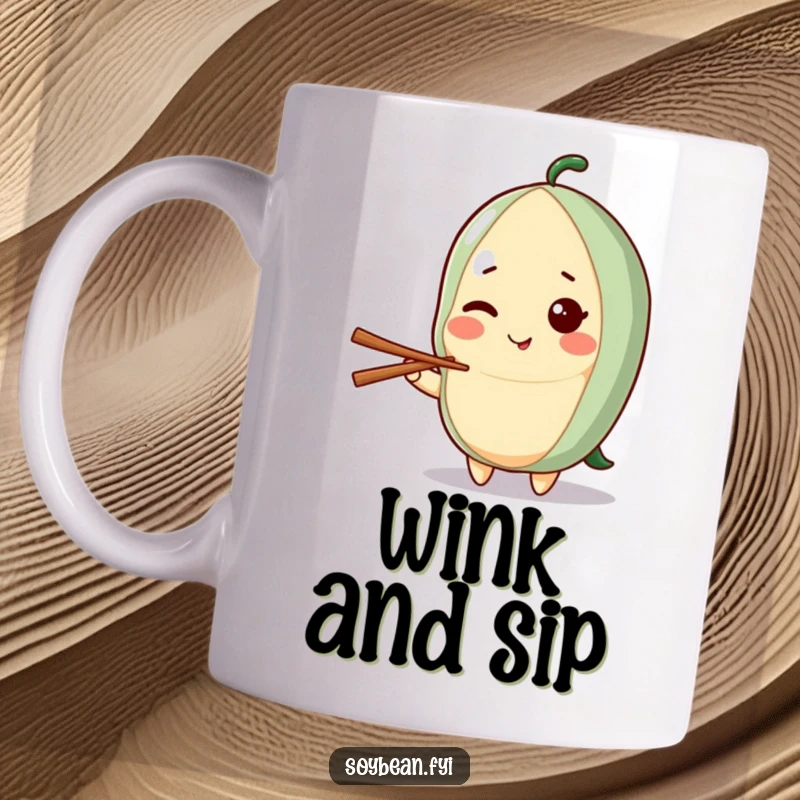 Funny mug depicting a cute kawaii soybean character giving a charming wink while holding a single chopstick, radiating playful confidence.