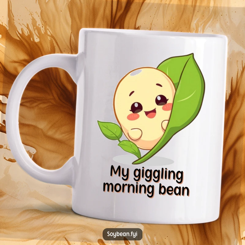 Funny mug featuring a giggling soybean character playfully peeking from behind a vibrant green leaf, radiating mischief.