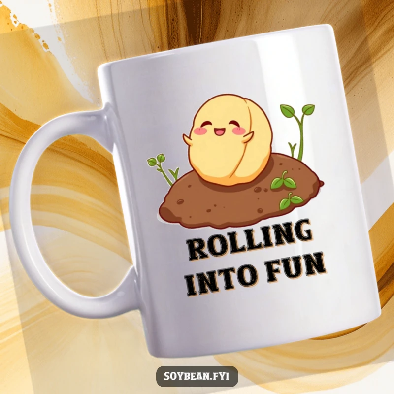 Funny playful soybean character rolling joyfully on a patch of soil, happy and carefree mug.