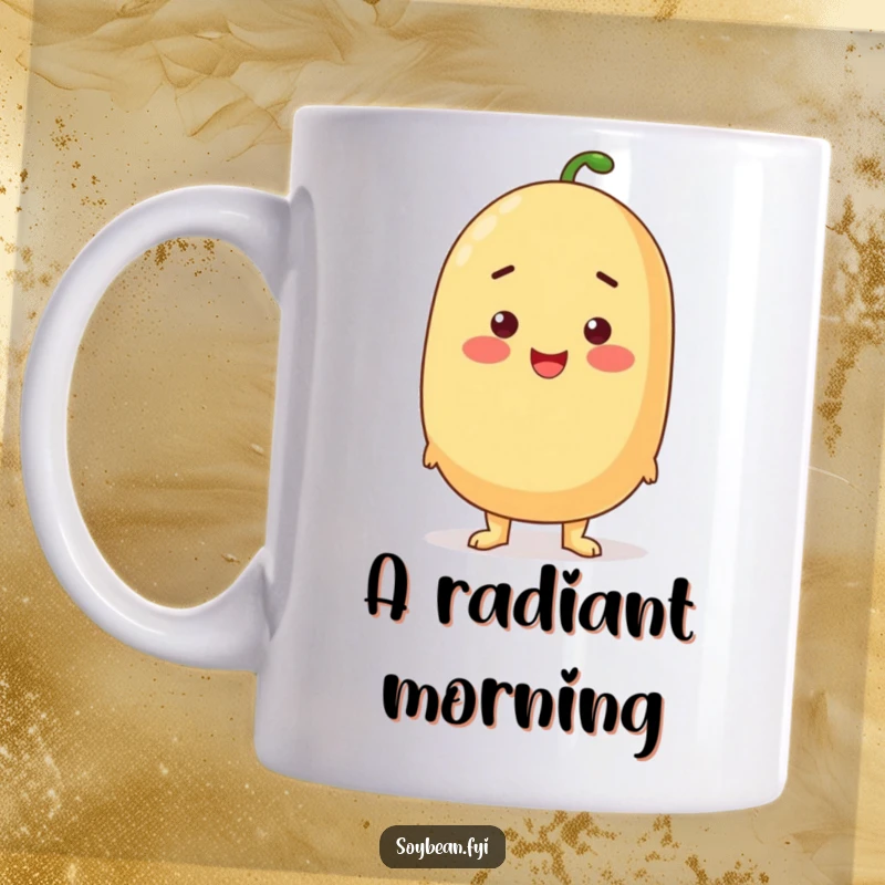 Funny proud soybean character standing tall with a beaming rosy blush, happy and confident mug.