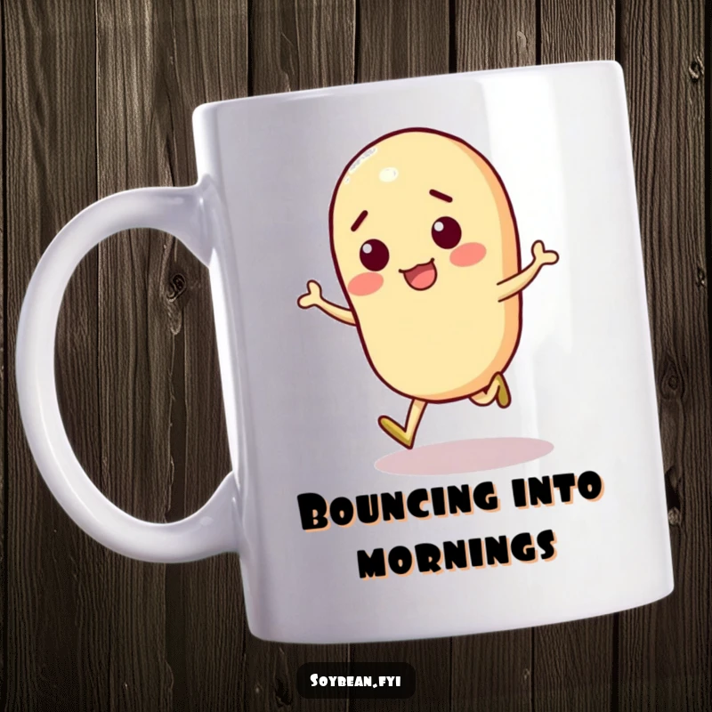 Funny Skipping Soybean Mug featuring an energetic soybean character mid-skip, radiating pure joy and playfulness.