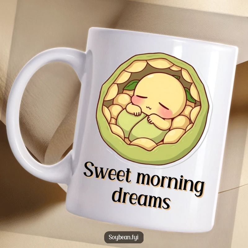 Funny contented soybean character napping peacefully nestled within its pods, cozy and sleepy mug.