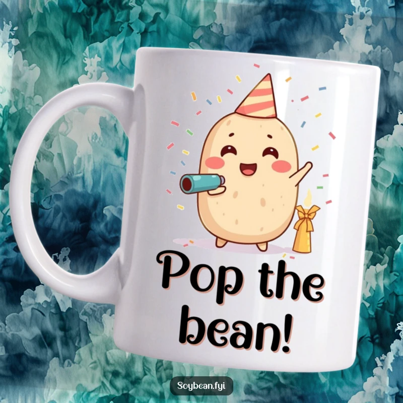 Funny mug depicting a joyful soybean character blasting a tiny confetti cannon, celebrating with excitement and humor, a perfect party gift.