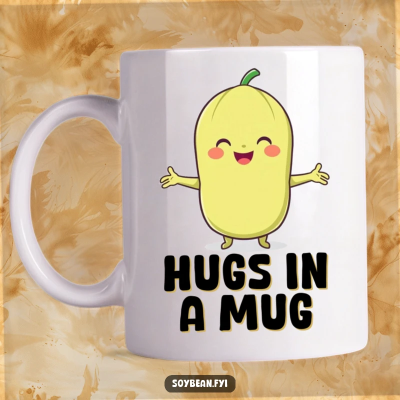 Funny Soybean Mug: A smiling soybean character with arms outstretched, offering a warm, friendly hug.