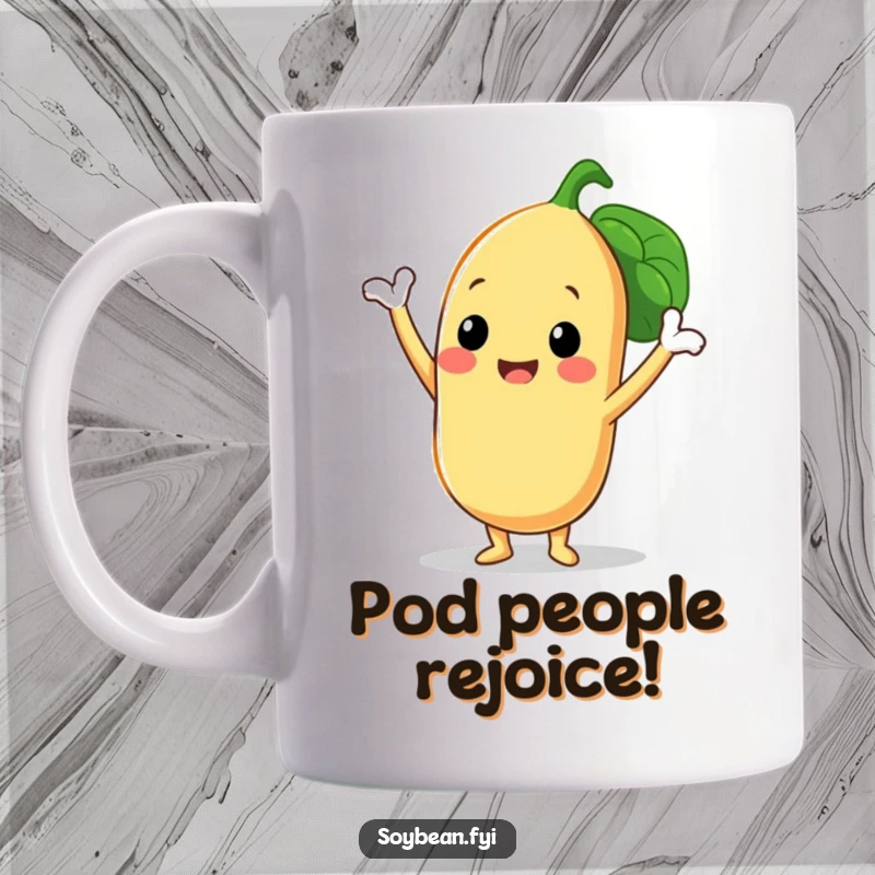 Funny mug featuring a smiling soybean character striking a triumphant pose with its three happy bean pods, showcasing a victorious and cheerful vibe.