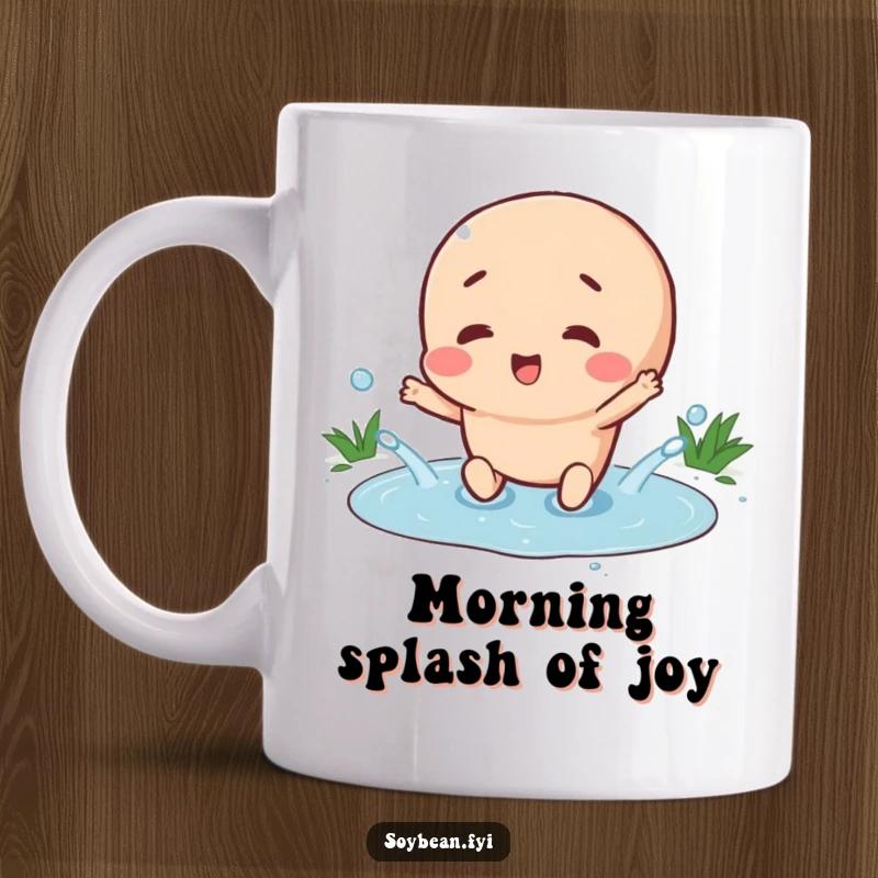 Funny mug featuring a delighted soybean character happily splashing in a tiny puddle, symbolizing pure joy and carefree fun in simple moments.