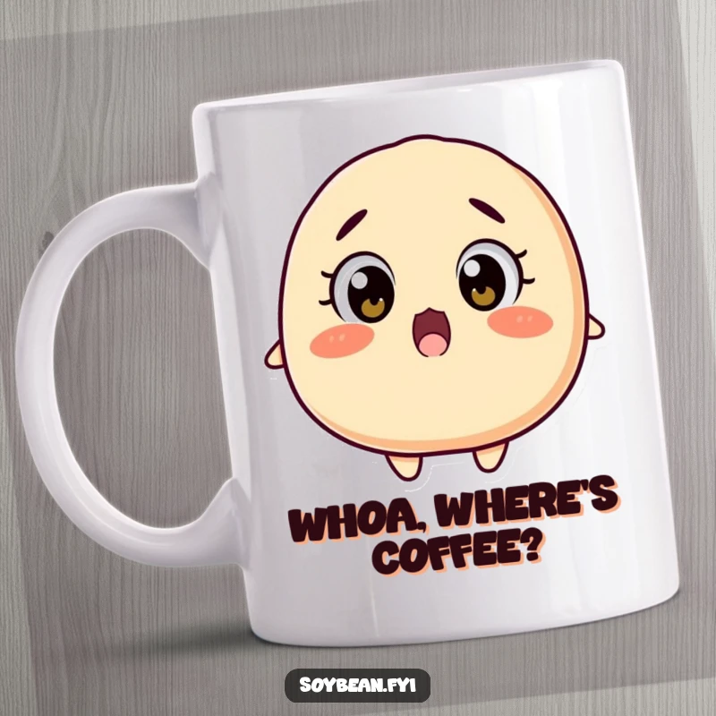 Funny surprised soybean mug with wide eyes falling backwards, representing shock and hilarious mishap, an excellent funny gift.