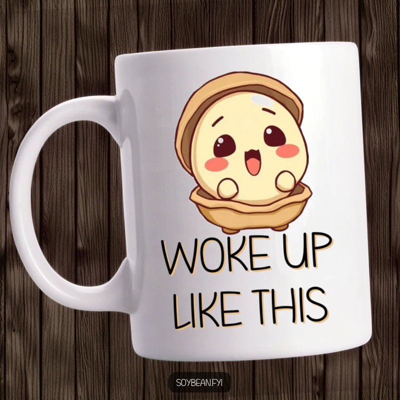 Funny mug showing a surprised soybean peeking out from its slightly ajar shell with wide, curious eyes.