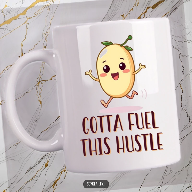 Funny mug featuring a kawaii soybean with tiny legs comically sprinting, looking determined and hilarious, perfect for a funny gift.