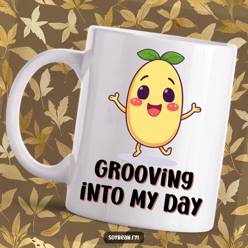 Funny soybean mug with an excited anthropomorphic character doing a happy shuffle, expressing joy and cartoon humor.