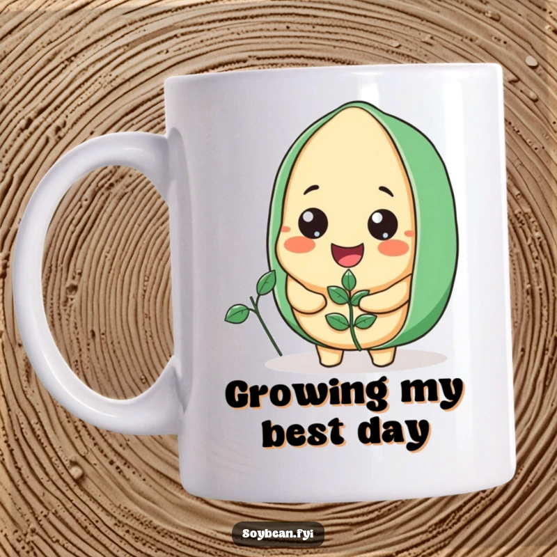 Funny Soybean Mug featuring a joyous soybean character planting a small sprout, radiating happiness and a love for gardening.