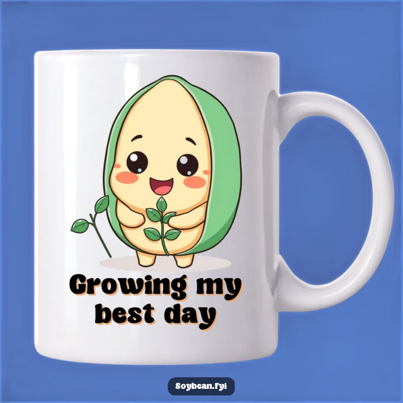 Funny Smiling Soybean Mug: Adorable Gardener Holding Plant, Perfect Humorous Gift