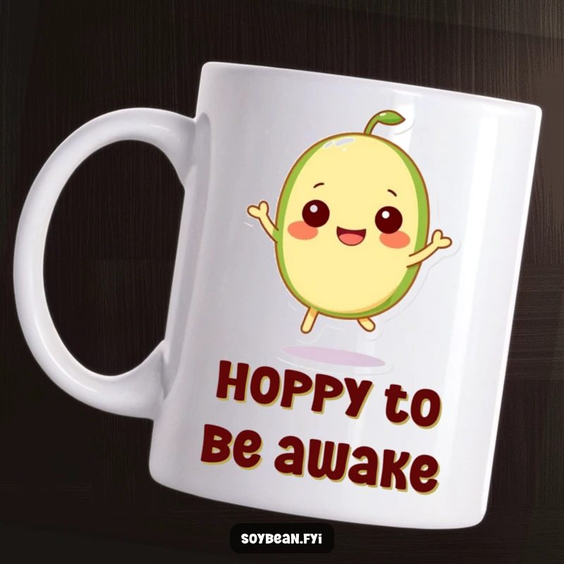 Funny Kawaii soybean character in a delightful little hop, radiating pure joy and happiness.