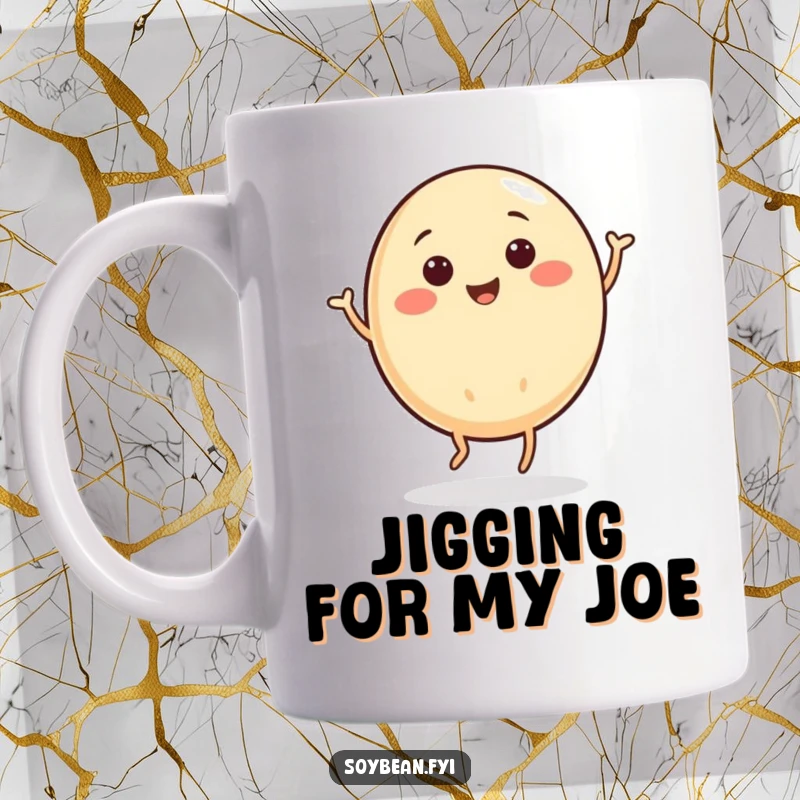 Funny mug featuring a round soybean character enthusiastically doing a happy little jig, full of energy.