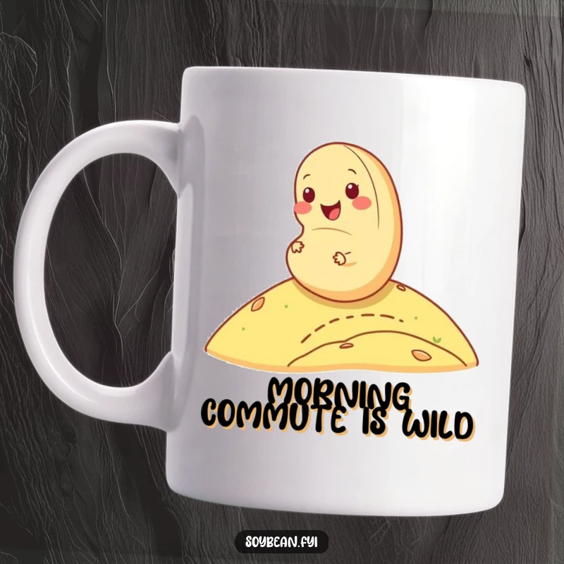 Funny cheerful soybean mug rolling happily down a hill, conveying pure bliss and adventure, an excellent funny gift.