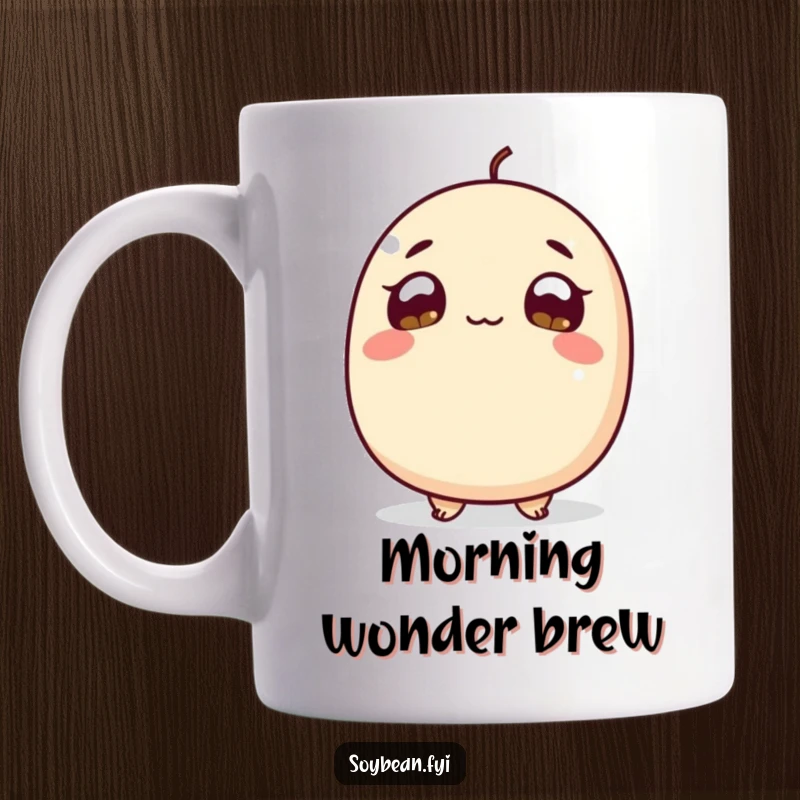 Funny Mug: A curious soybean character looking upwards with large, hopeful, and wide eyes, conveying a sense of wonder and anticipation.
