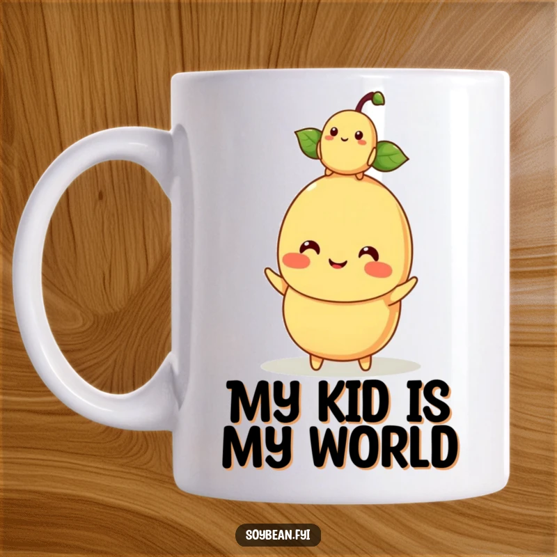Funny kawaii soybean character mom balancing a small baby soybean on its head, showcasing parenting humor on a mug.