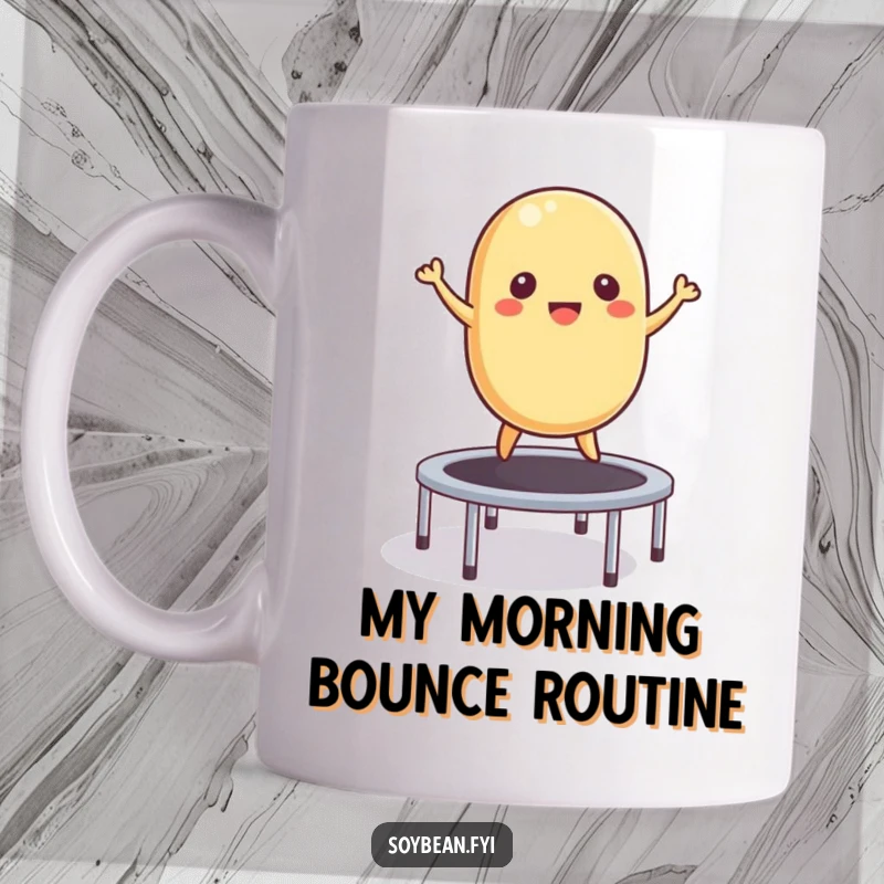 Funny Mug: Playful soybean enthusiastically bouncing high on a miniature trampoline, showcasing pure joy and energy.