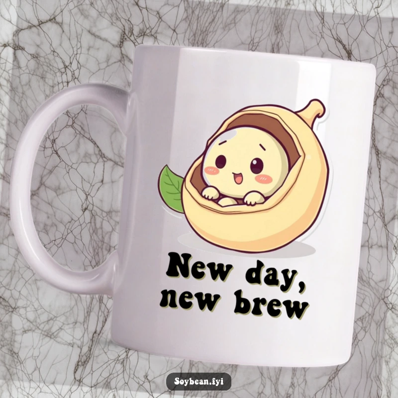Funny curious soybean mug peeking out from a pod, representing playful discovery and coziness, an excellent funny gift.