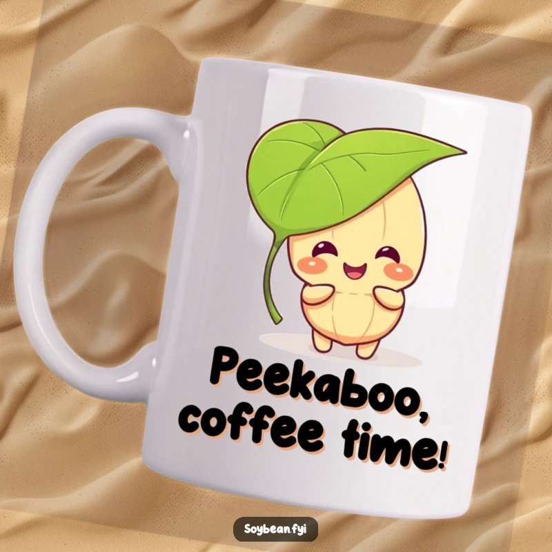 Funny kawaii soybean character giggling while playing peek-a-boo behind a large green leaf, on a mug.