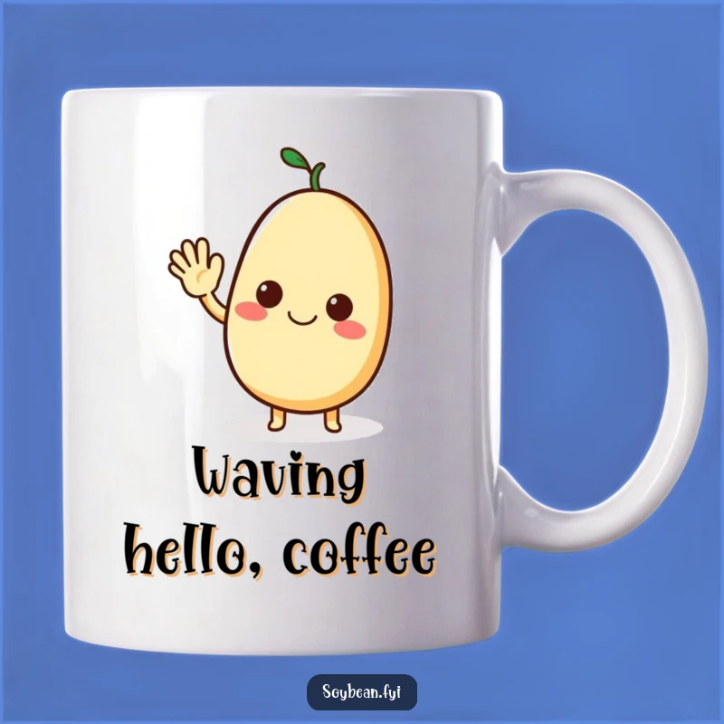 Funny Waving Soybean Mug: Friendly Bean Greetings!