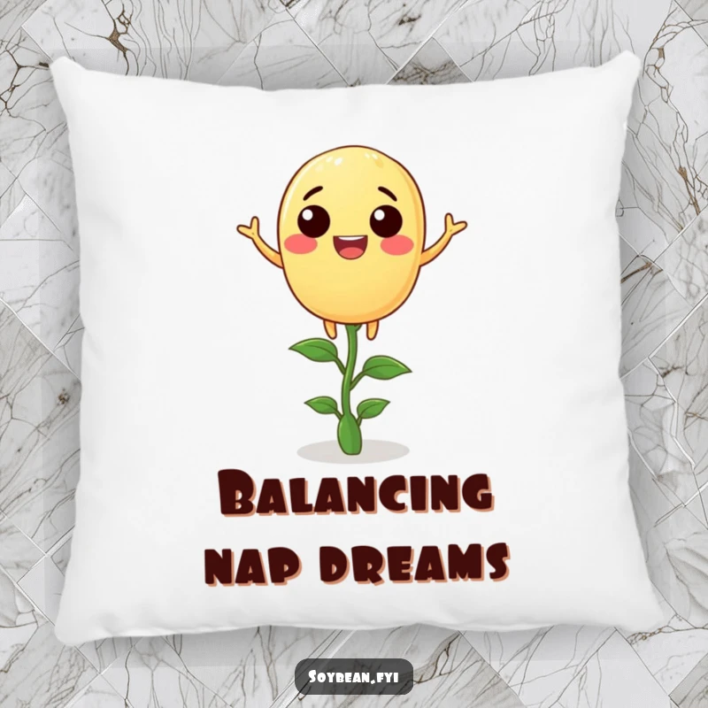Funny soybean pillow with a joyful anthropomorphic soybean balancing on a tiny sprout, offering comfort and amusement.