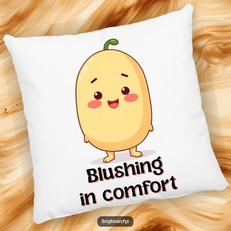 Funny proud soybean standing tall with a rosy blush on a soft, decorative pillow.